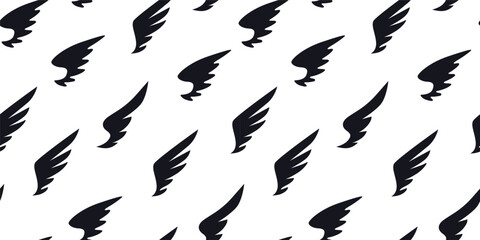 Vintage wing pattern, black and white label. Creative tattoo idea with feather, fabric ornament. Decor textile, wrapping paper, wallpaper design. Freedom vector seamless recent background