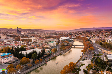 Aerial view of city centre, Kura (Mtkvari) river, Rike Park and Ride Concert Hall in Tbilisi,...