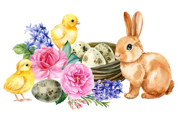 Easter rabbit, chick and nest with flowers, baby animal on isolated background. Watercolor hand drawn illustration - obrazy, fototapety, plakaty