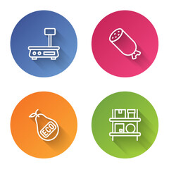 Set line Electronic scales, Salami sausage, Healthy organic pear and Warehouse interior with boxes. Color circle button. Vector