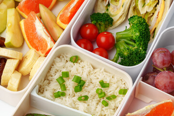 Healthy food delivery in take away box on white background