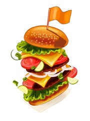Colorful cartoon food with a variety of delicious fast food menus.