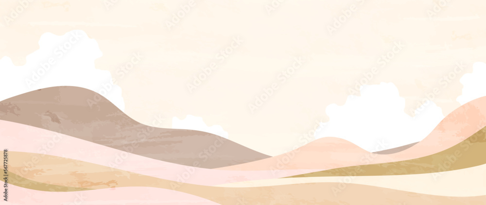 Wall mural minimal abstract landscape vector landscape. mountain background in warm colors with clouds and wate
