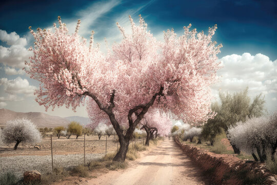  Breathtaking landscape with rolling hills covered in a sea of pink and white blooms. Rows of blossoming almond trees stretch as far as the eye can see, creating a stunning and peace