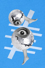 Vertical collage illustration of black white gamma eyes legs disco ball isolated on drawing blue...