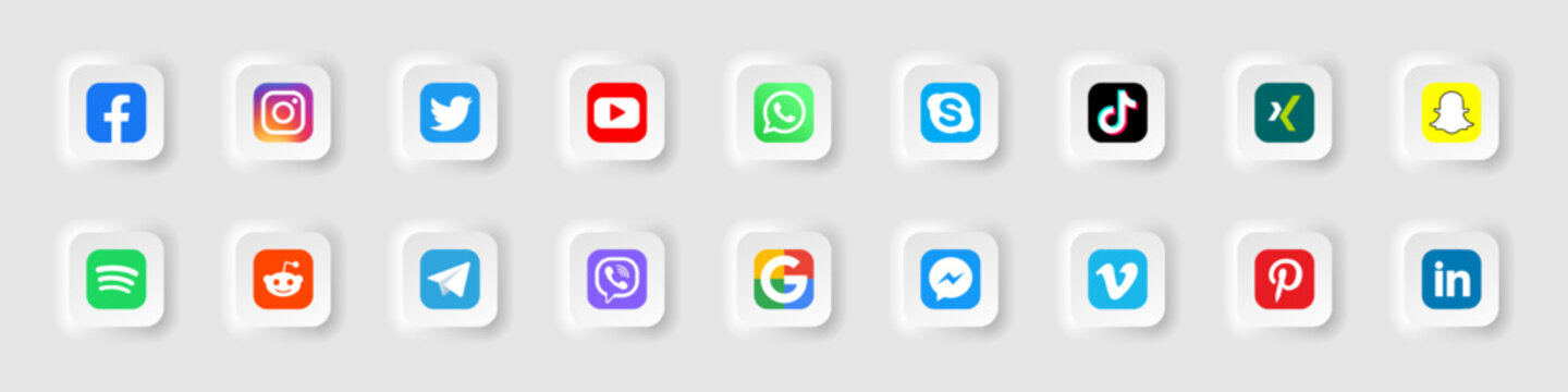 Social media icons. Facebook, twitter, instagram, youtube, snapchat, pinterest, whatsap, linkedin, periscope, vimeo. Collection of social media logo. White user interface neumorphism. Vector EPS 10