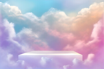 3d display pedestal podium, cloudy and dreamy, beautiful, in pastel background, realistic, Generative Ai.  