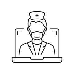 Online Digital Medicine Line Icon. Doctor in Computer Medical Health Care Online Linear Pictogram. Virtual Medicine Service Outline Icon. Telemedicine. Editable Stroke. Isolated Vector Illustration
