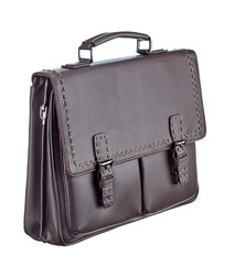 Beautiful red-brown leather briefcase with clasps on the patch pockets, highlighted on a white...