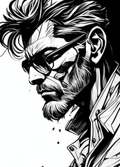 attractive male comic book character, black & white line art, generative ai