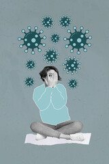 Exclusive magazine picture sketch collage image of funny lady arms cover eyes scared corona virus...