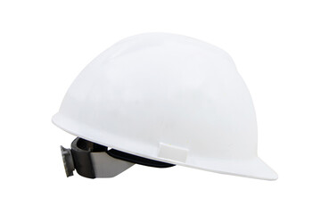 Side photo of plastic helmet safety white for engineer used industry and construction building. Concept safety. Isolated on cutout PNG.