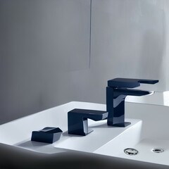 Luxury modern style faucet mixer on a white round sink in beautiful dark blue interior bathroom - generative ai
