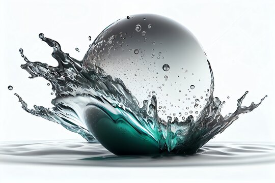A 3D illustration presents a sphere-shaped water splash isolated on a white background. Generative AI