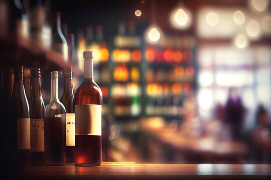 A blurred wine shop with bottles, set on a wooden table with a tech-created background. Generative AI