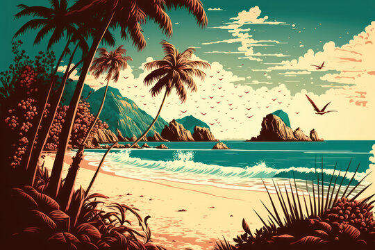 Tropical beach. Retro color style. Travel vacation concept. Generative AI