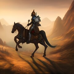 Mounted knight in shiny armor, created with generative AI tools