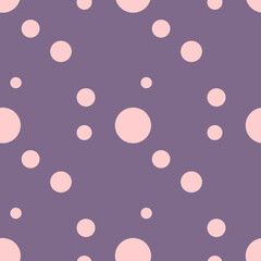 Seamless pattern. Hand painted illustration of circles in dust pink color. Dotted pattern. Polka dots. Abstract background. Print on violet, purple background for fabric textile, packaging