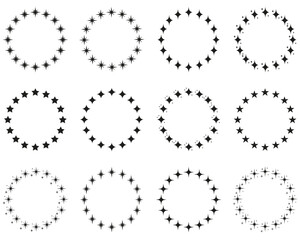 Stars in Circle Shape Silhouette Icon Set. Circular Decor Ornament Icon on White Background. Modern Round Award Frame with Black Stars Pictogram. Isolated Vector Illustration