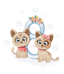 Cartoon and cute kittens with number 8