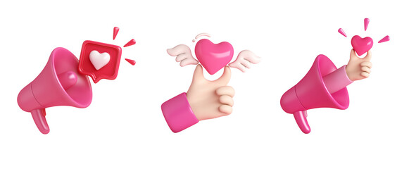 Set of Happy Valentines day element concept with megaphone, 3d cartoon hand, heart shape, speech bubble on transparent background, 3D rendering illustration