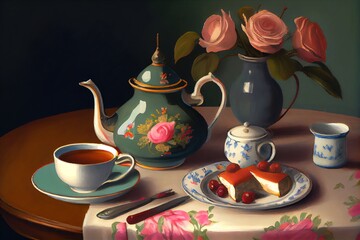 Fototapeta premium A painting of a table with tea pot, cake, flowers, and a plate with teapot and tea. Generative AI