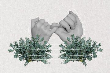 Collage photo picture poster of two human people hands hold touch demonstrate peace agreement...