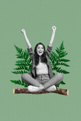 Vertical artwork photo design collage of young overjoyed hipster girl enjoy environment picnic...