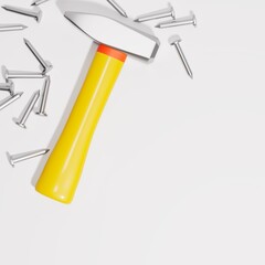 Hammer with nails around it on the white surface with space for text.3D illustration