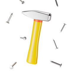 Hammer with floating nails around it.3D illustration on a transparent background