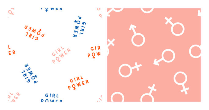 Set of 2 seamless patterns with colorful girl power text and gender symbols