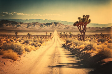 Fototapeta premium Road to country. Retro tone color style. Travel vacation concept. Generative AI.