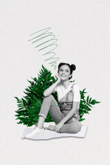 Vertical photo artwork collage design of dreaming pretty woman sitting near grass leaves forest...