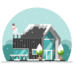 Flat design of modern black house in winter with snowman and snowfall