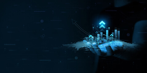 Businessman holding growth graph of business. Successful business, growth strategy and achieving goals with the rising arrow. 