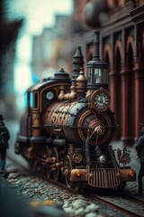 Railway Station with an old train and clouds of smoke. Tilt shift, Steampunk and retro-futurism style.  Generative AI