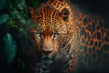 Fototapeta na wymiar Leopard in a Jungle, prowling, Generative AI