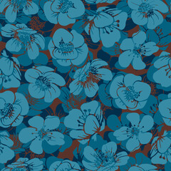 Hand drawn seamless floral pattern. Endless background with blue flowers for textile, fabric.