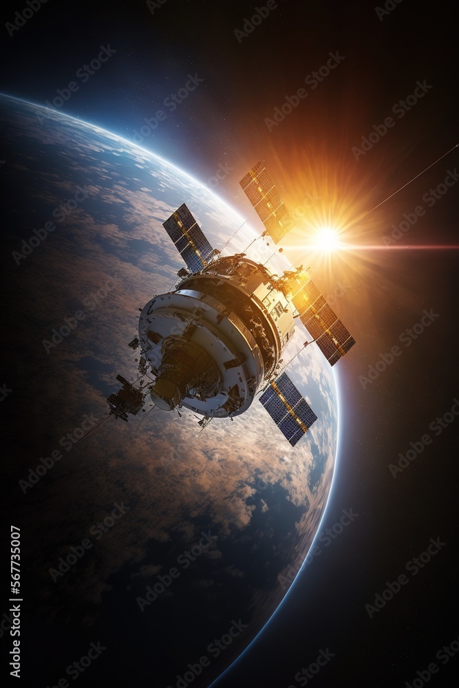 Wall mural space satellite orbiting earth at sunrise. 3d rendering - generative ai