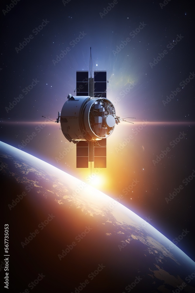 Wall mural space satellite orbiting earth at sunrise. 3d rendering - generative ai