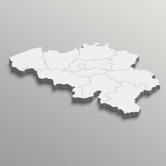 Fully editable 3d isometric white Belgium map with States or province in white isolated background.