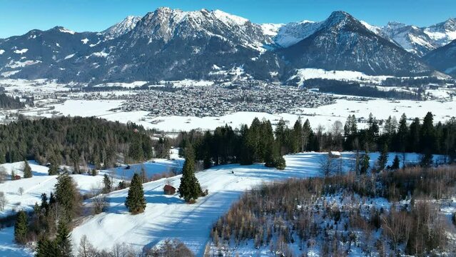 Aerial view of Oberstdorf in winter, Bavaria, Germany