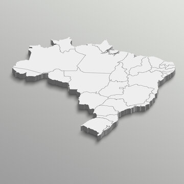 Fully editable 3d isometric white Brazil map with States or province in white isolated background.