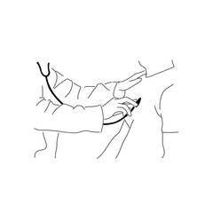 Line drawing of a doctor using a Stethoscope on a patient.