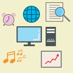 vector design of portable computer tool, data symbol, search symbol, music symbol, internet and clock