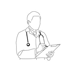 Fototapeta premium Line drawing of a doctor standing to write down medical information.