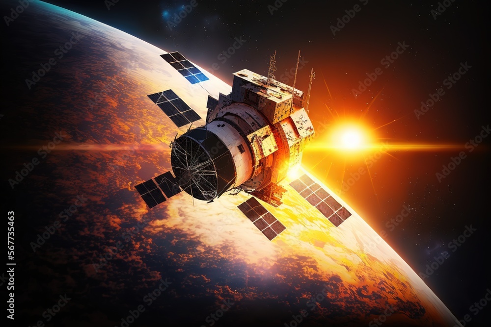 Wall mural space satellite orbiting earth at sunrise. 3d rendering - generative ai