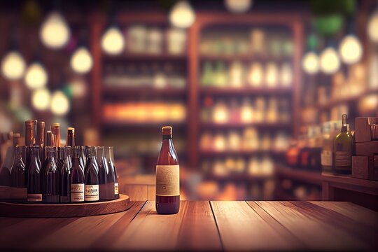 A blurred wine shop with bottles, set on a wooden table with a tech-created background. Generative AI