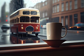 Plakat A cup of coffee on a table in front of a window with a bus, rain, and a rainy day in the city. Generative AI