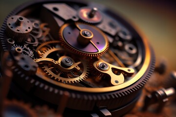 Gears and cogs in clockwork watch mechanism. Craft and precision - elegant detailed stainless steel and metal - obrazy, fototapety, plakaty